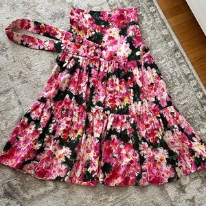 Zara Pink Floral Tiered A-Line Skirt with Belt